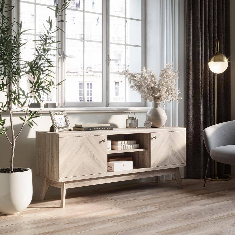 Beige 58" Herringbone MDF TV Stand with Wooden Legs