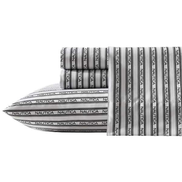 Nautica Striped Logo 4 Piece Grey/Black Microfiber Queen Sheet Set