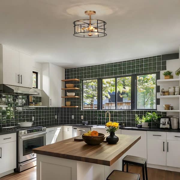 Modern 3-Light Dark Gold Semi-Flush Mount Light with Bowl Seeded Glass Shade, 14 in. Black Gaged Entryway Ceiling Light