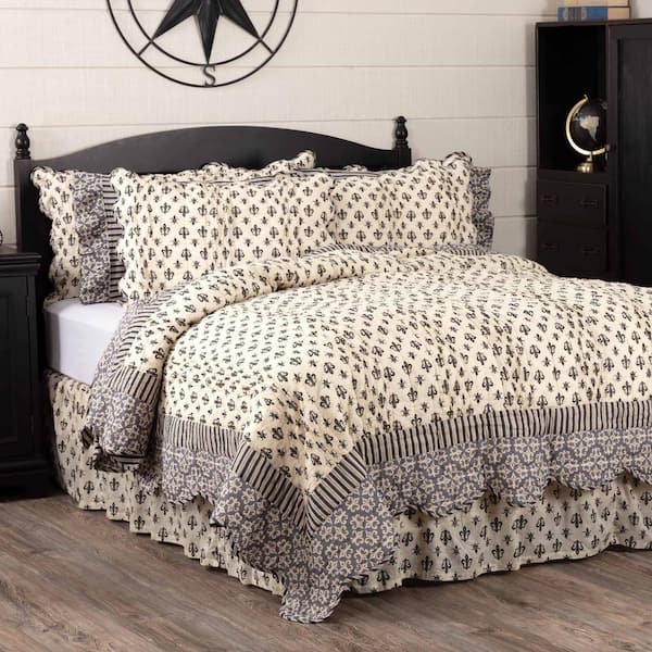 VHC Brands Elysee Creme Black Gray French Country Fleur De Lis Twin Cotton Quilt