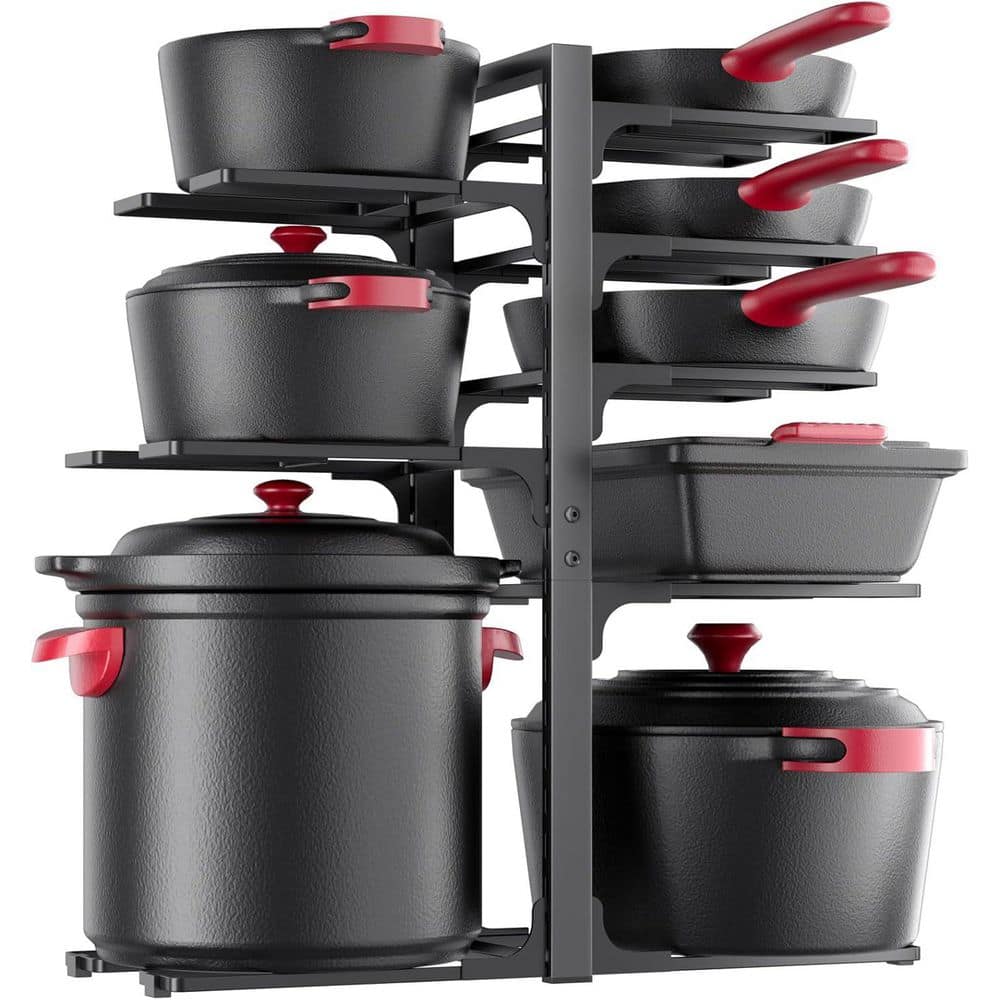 Black Metal Pots and Pans Organizer Adjustable 8-Tier Kitchen Cabinet Organizer for Heavy Cookware Storage