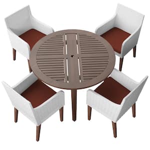 5-Piece Wicker and Acacia Outdoor Dining Set with 4 Dining Armchairs with Terracotta Cushions