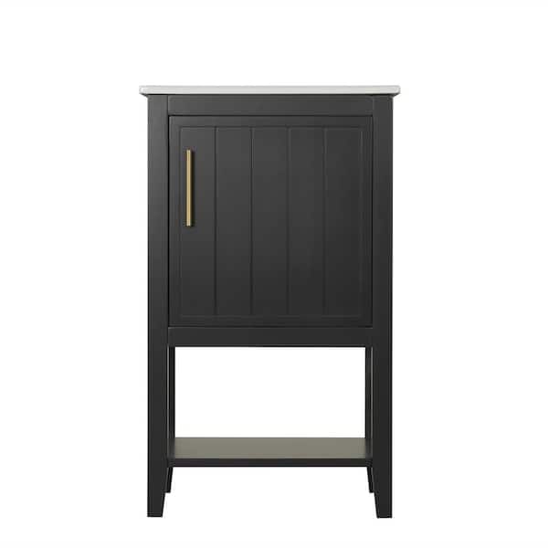 20 in. Single Sink Freestanding Black Bath Vanity with White Ceramic Top, Two-tier Storage Rack, Solid Wood Legs