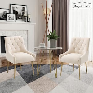 Beige Tufted Velvet Upholstered Golden Legs Dining Chair with Pulling Handle and Adjustable Foot Nails(Set of 2)
