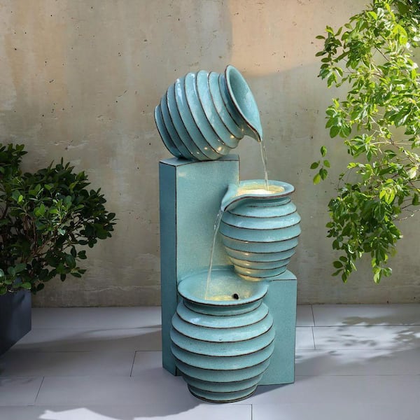 LuxenHome Aqua Blue 3-Tier Bowls 2.5 ft. Tall Outdoor Polyresin
