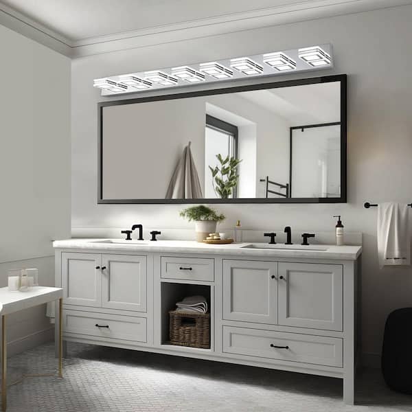52 in. 8-Light Chrome LED Vanity Light Bar with Dimmable Square Acrylic Shades