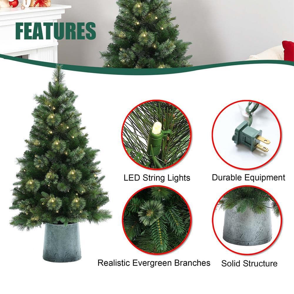 4' Green Pre-Lit Pine Christmas Tree with Metal Pot