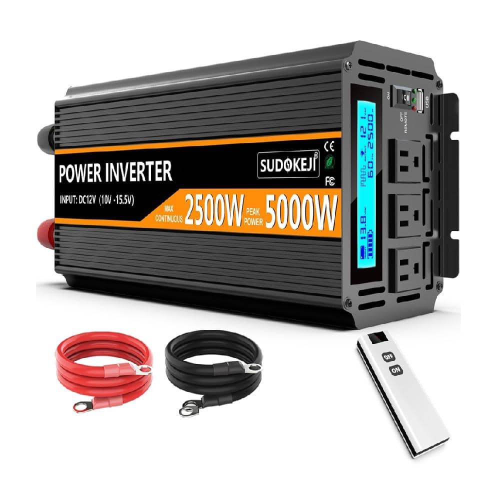 3-Outlet Power Strip Surge Protector 2500W Power Inverter DC to AC with Rem