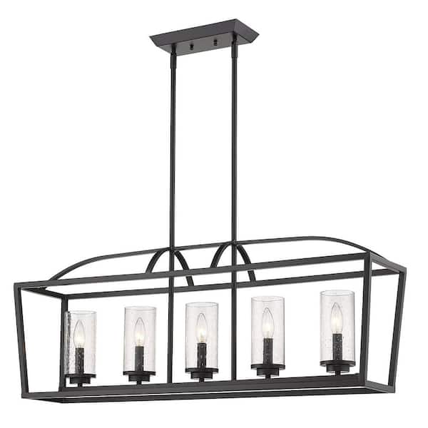 Golden Lighting - Mercer 5-Light Linear Pendant in Matte Black with Matte Black Accents and Seeded Glass
