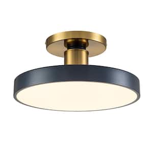 15.7 in. 1-Light Modern Brass and Blue LED Semi-Flush Mount with Drum Shade Minimalist Circle Semi Flush Ceiling Light