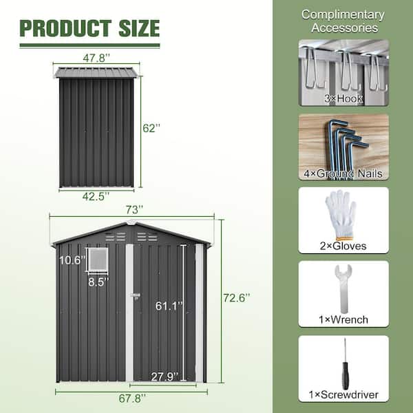 6 ft. W x 4 ft. D x 6 ft. H Gray Metal Outdoor Storage Shed for Backyard Garden Patio Lawn(24 sq.ft.)