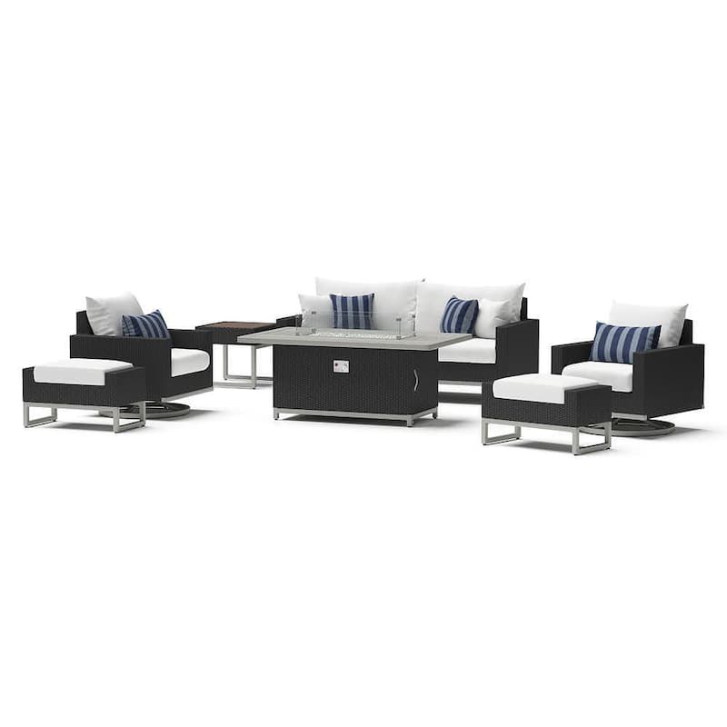 Milo Espresso 7-Piece Wicker Motion Fire Patio Conversation Set with Sunbrella Centered Ink Cushions