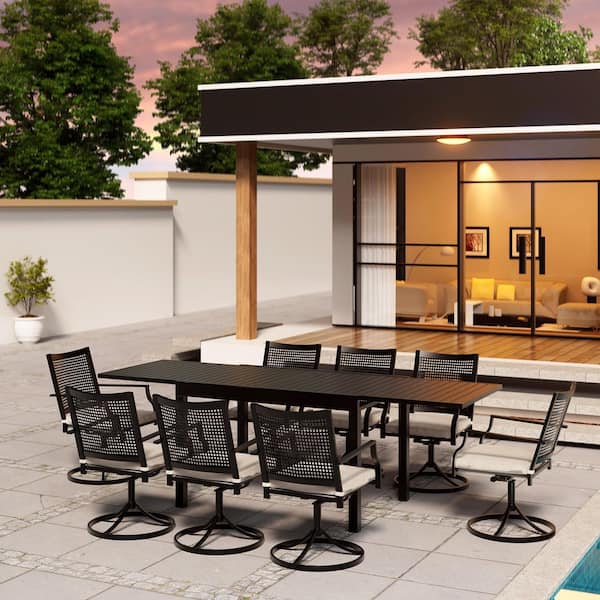 9-Piece Metal Outdoor Dining Set with Aluminum Extendable Dining Table and Beige Cushion