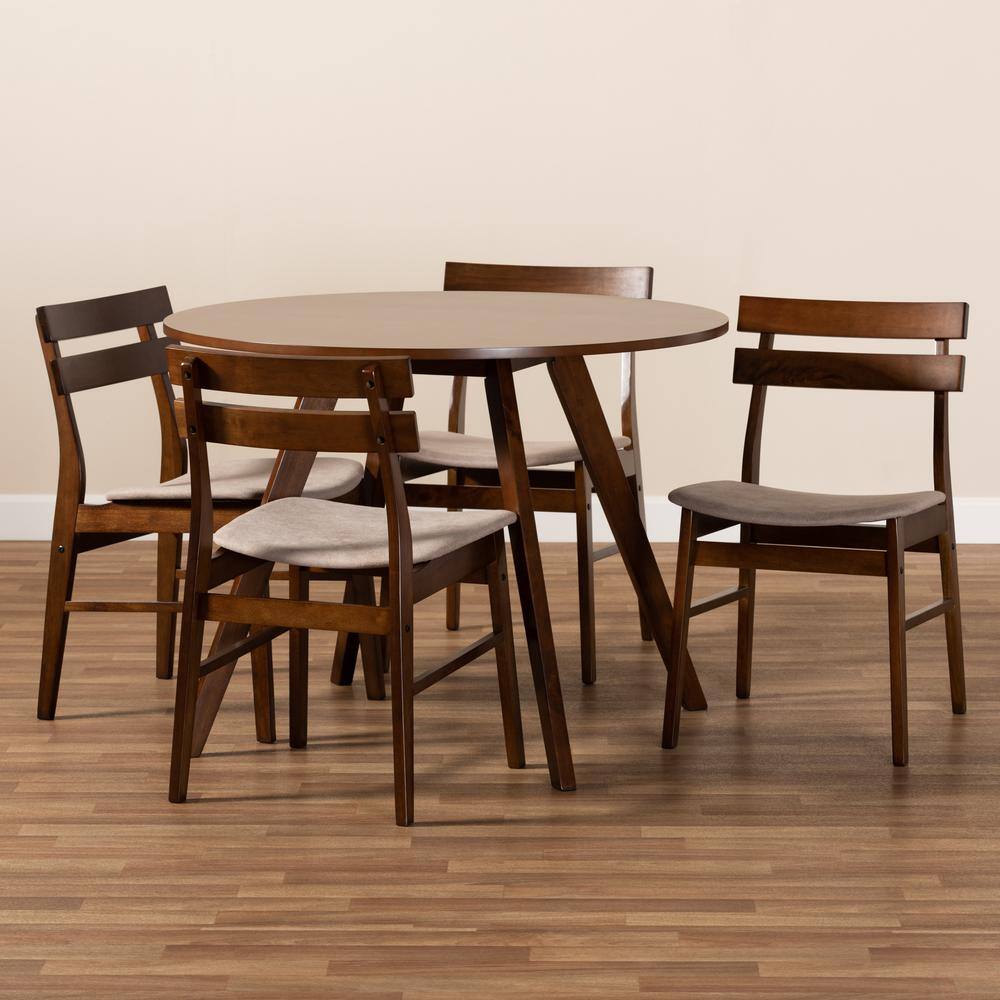 Eiko 5-Piece Round Walnut Dining Set with Light Beige Fabric Chairs