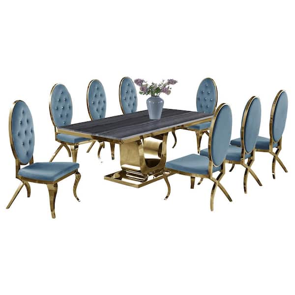 Best Quality Furniture Rogelio 9-Piece Gray Marble Top with Gold Stainless Steel Base with 8-Teal Blue Velvet Chair with Gold Legs