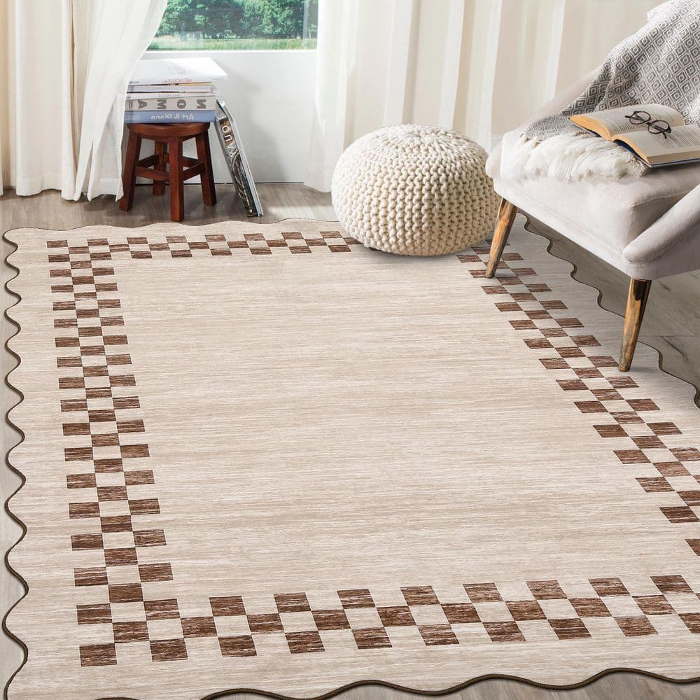 Light Camel 9 ft. x 12 ft. Non-Slip Block Print Rug Machine Washable ...
