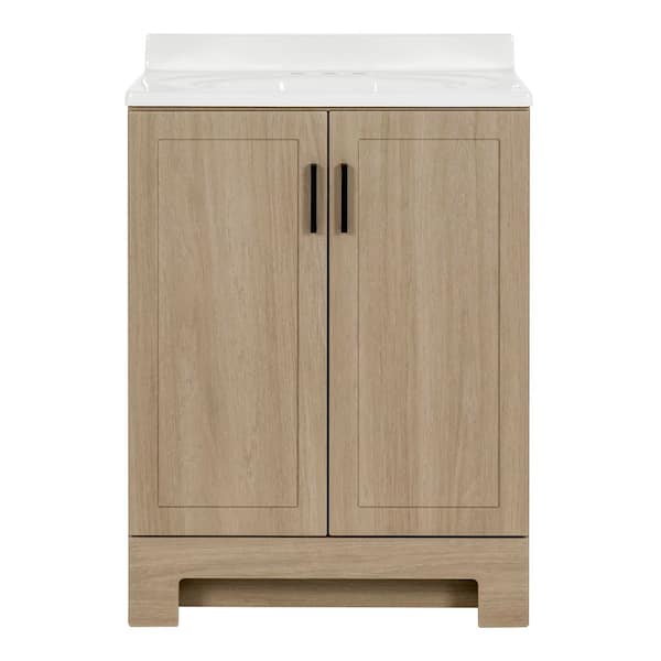 Oakley 25 in. Single Sink Beige Oak Bath Vanity with White Cultured Marble Top (Assembled)