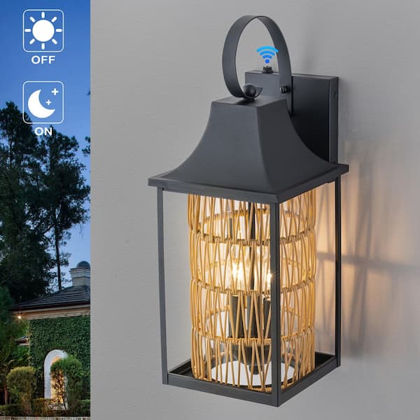 24 in. Black 3-Light Dusk to Dawn Outdoor Hardwired Wall Lantern Sconce with Rattan Accent and Glass, No Bulbs Included