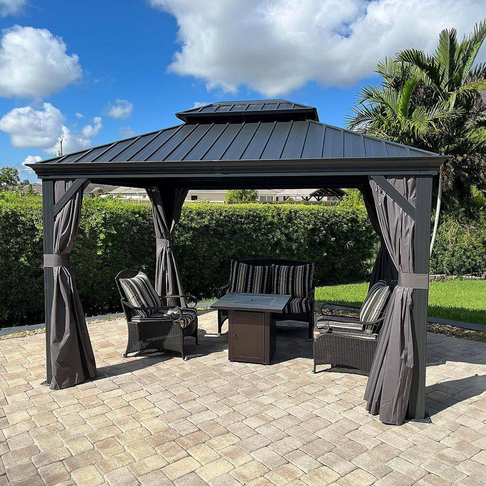 10 ft. x 12 ft. Gray Aluminum Power-Coated Frame Galvanized Steel Double Roof Hardtop Gazebo,Hooks, Netting,Gray Curtain price history on PriceWatchPro
