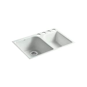 Executive Chef Undermount Cast-Iron 33 in. 4-Hole Double Bowl Kitchen Sink in Sea Salt