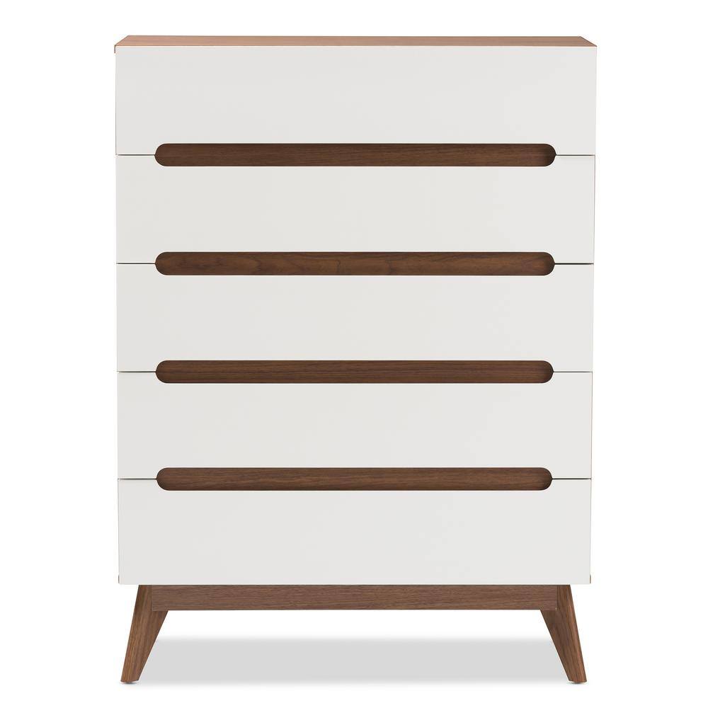 Calypso Mid-Century Modern White and Walnut 5-Drawer Chest