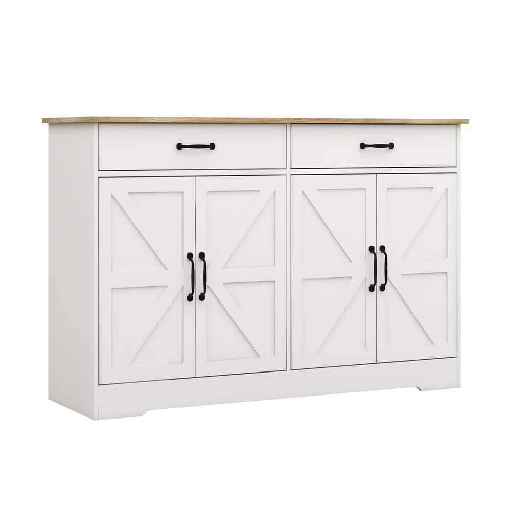 White MDF 47.95 in. 4-Door Sideboard Farmhouse Buffet Storage Cabinet Cupbo