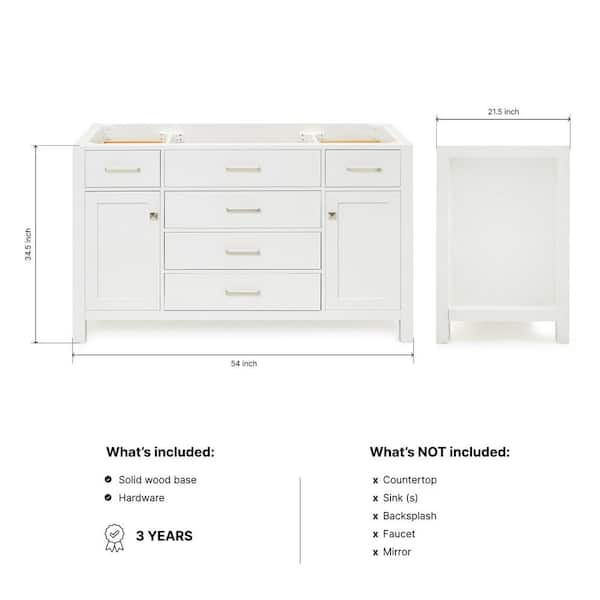 Bristol 54 in. W x 21.5 in. D x 34.5 in. H Freestanding Bath Vanity Cabinet without Top in White