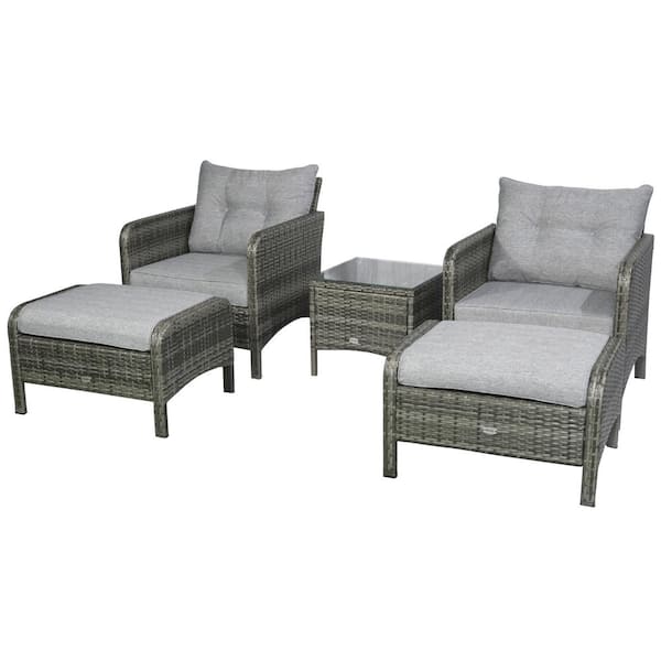 Outsunny Grey 5-Piece Metal Plastic Rattan Outdoor Recliner with Grey Cushions and Weather-Resistant Materials