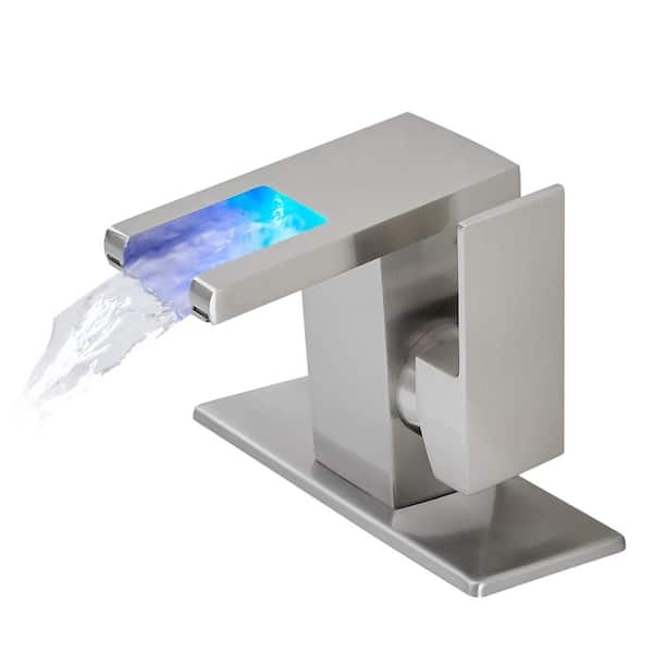 AIMADI LED Single Handle Single Hole Bathroom Faucet with Deckplate Waterfall Brass Bathroom Basin Taps in Brushed Nickel