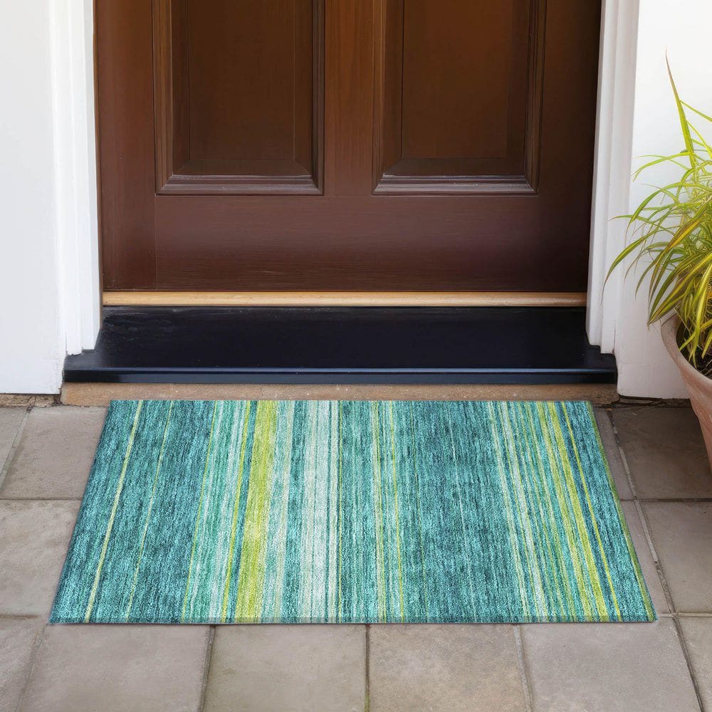 Teal Stripe Synthetic Flat Woven 10' x 14' Washable Rug