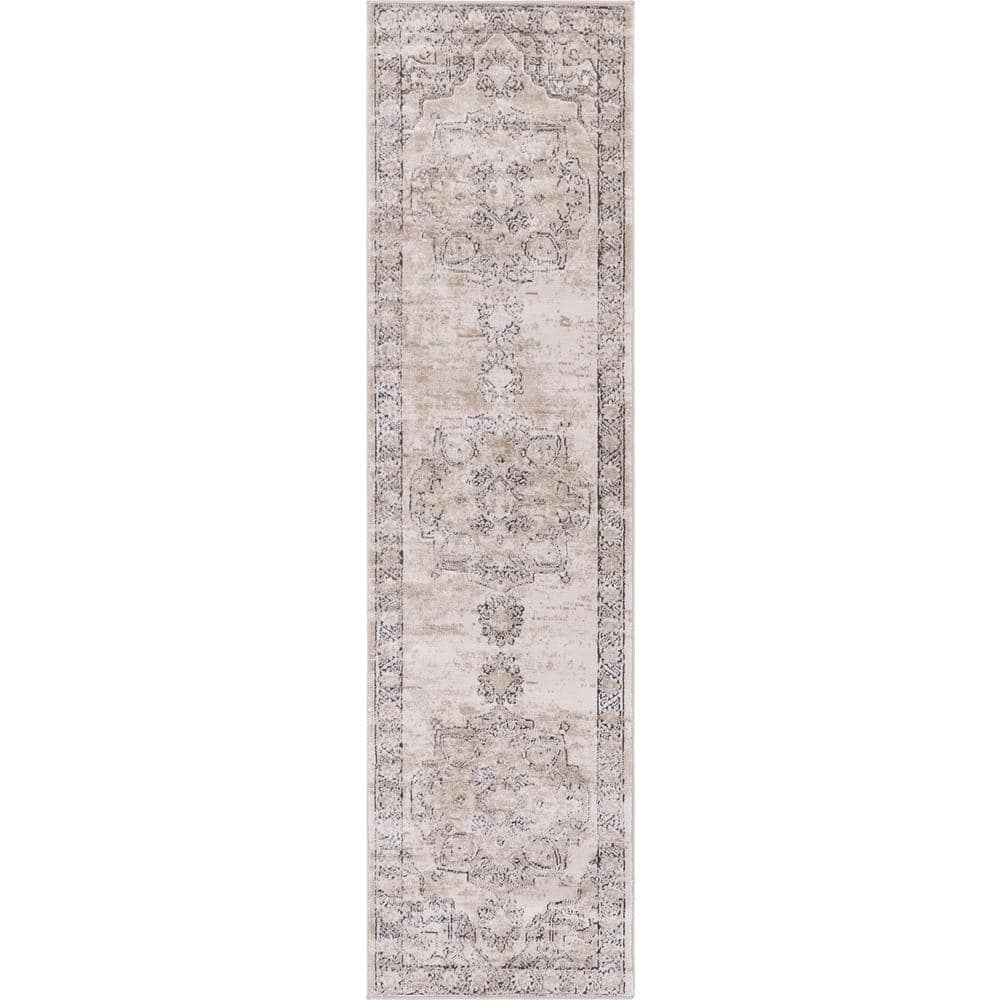 Ivory and Gray Geometric Synthetic Indoor Runner Rug