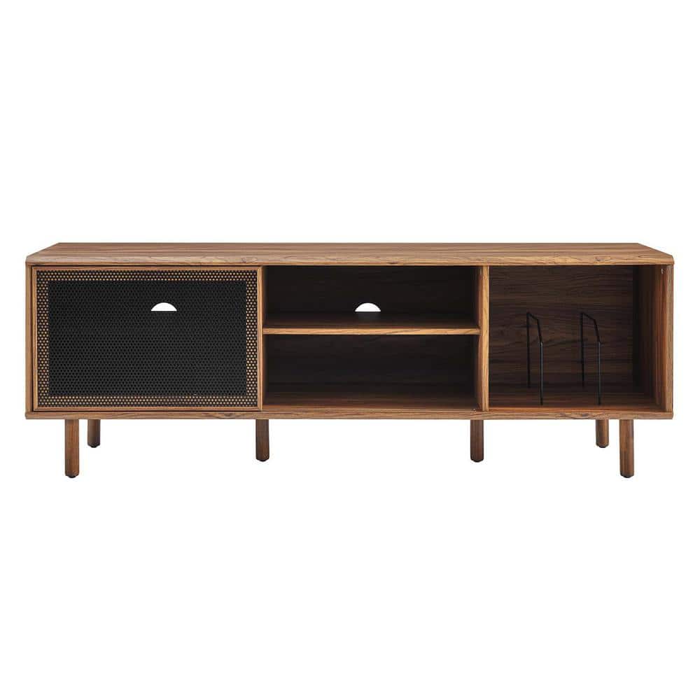 Walnut 67" TV and Vinyl Record Stand with Metal Mesh Doors