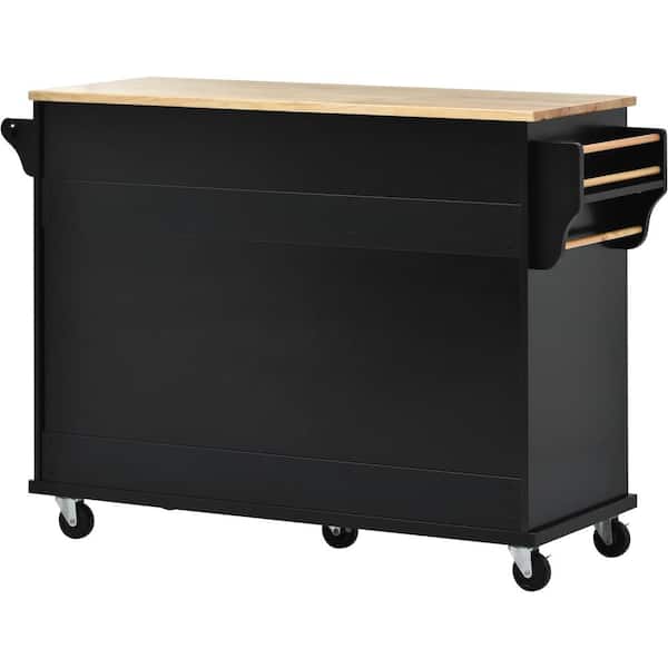 OLUMAT Black Wood 53 in. Rolling Kitchen Island with Open Storage and 5-Drawers