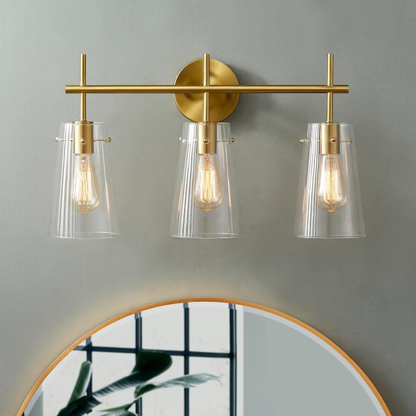 KAWOTI 24 in. 3-Light Antique Brass Vanity Light with Clear Glass Shade