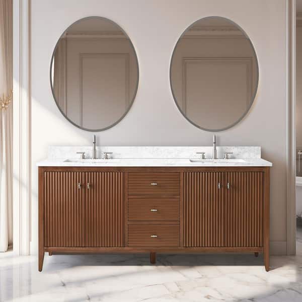 Vanity Art 72 in. W x 22 in D x 38 in. H Double Sink Bath Vanity Cabinet in Linear Walnut with White Engineered Marble Top