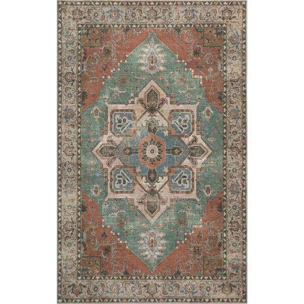 Sersi Ornate Large Medallion Border Non-Slip Machine-Washable Green/Brown 5 ft. x 8 ft. Area Rug