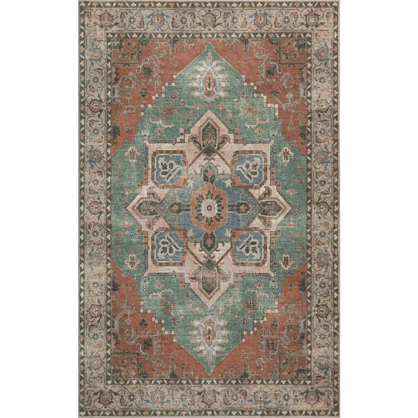Sersi Ornate Large Medallion Border Non-Slip Machine-Washable Green/Brown 8 ft. x 10 ft. Area Rug