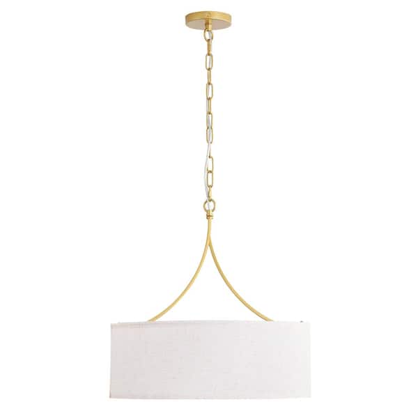 Adjustable Height 27-69 in. Gold 3-Light Pendant Light with Beige Fabric Cylinder Shade, E26 Bulb Not Included