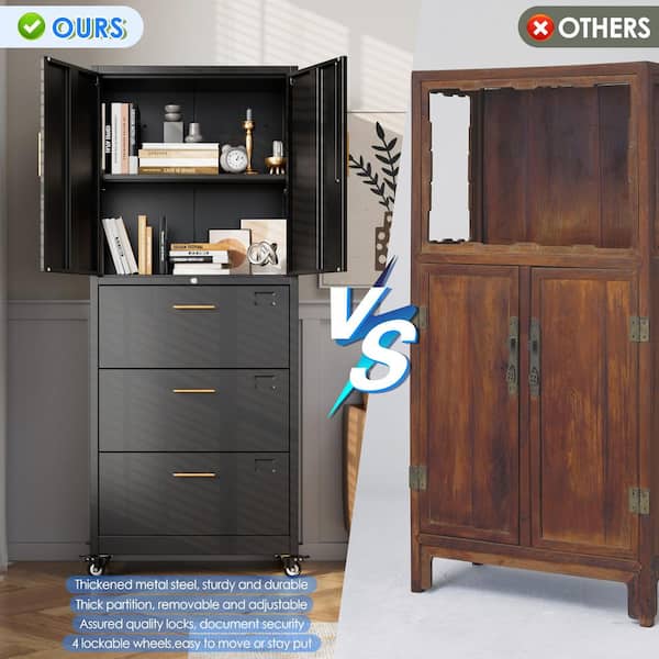 FurnitureR 3-Door Metal Storage Cabinet With Adjustable Shelves - 48.4" Black Organizer For Office, Home, Or Gym