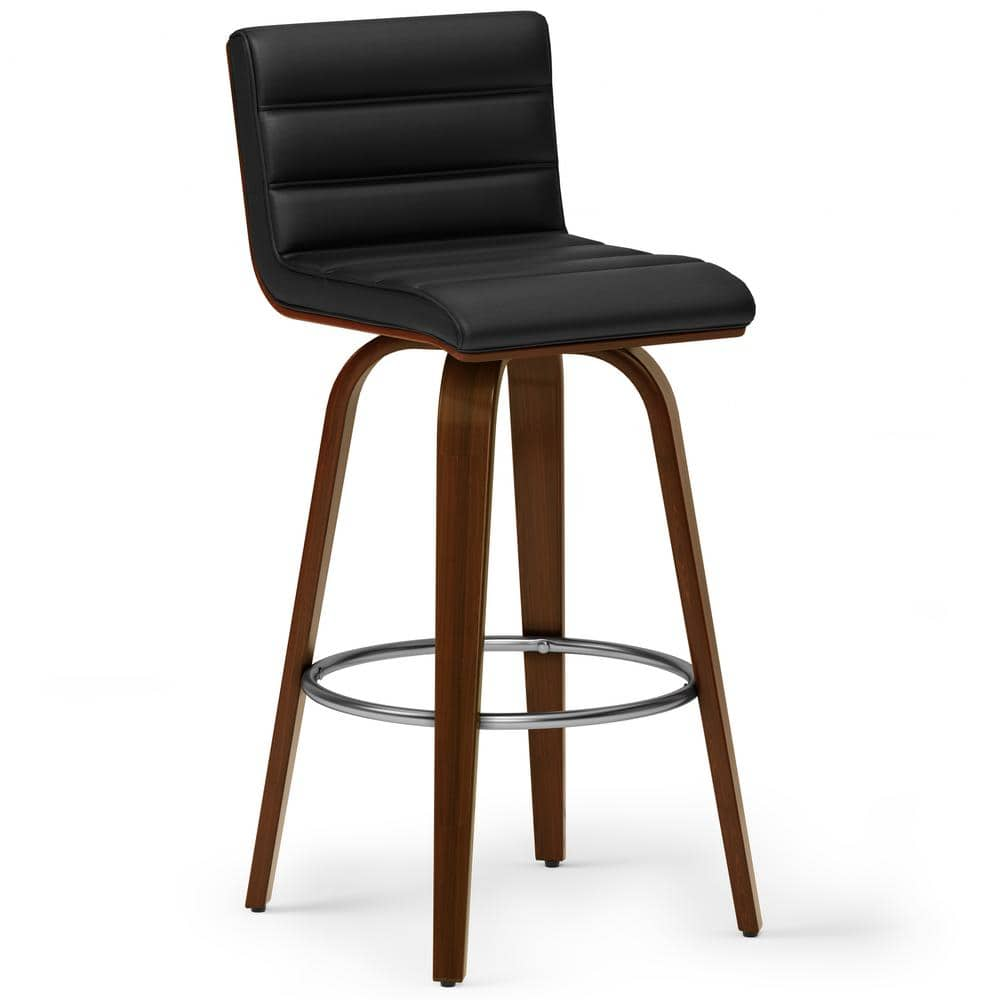 Simpli Home Roland Mid Century Modern Swivel Bar Stool in Black Vegan Faux Leather