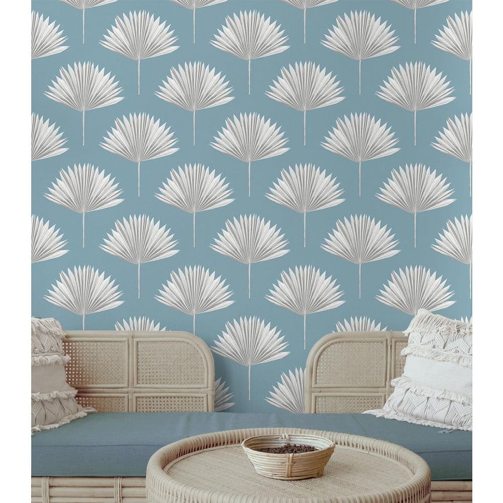 Blue Patina Tropical Fan Palm Vinyl Peel and Stick Wallpaper Roll