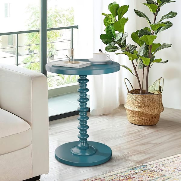 Benjara 17 in. Teal Blue Round Wood End Table with Wooden Frame