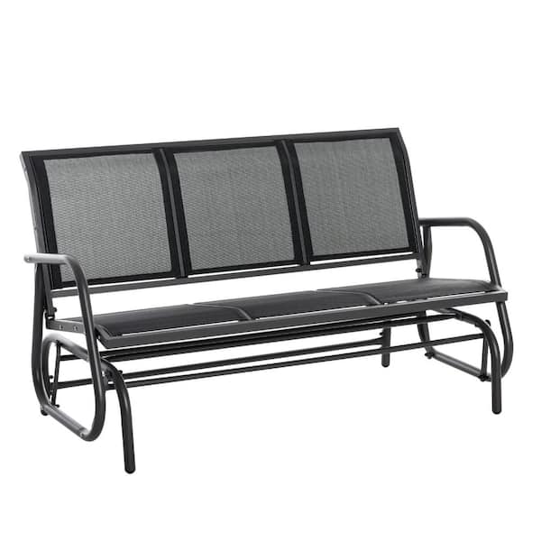 Black Metal 3-Person Outdoor Glider Bench Patio Glider Swing with Breathable Mesh Fabric for Patio, Lawn, Garden