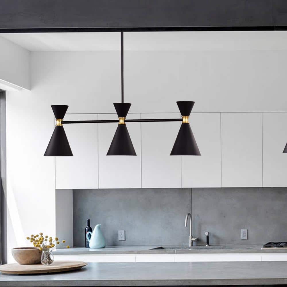 Modern Hourglass 3-Light Island Pendant in Black with Brass Accents