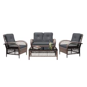 4--Piece Brown Wicker Patio Conversation Seating Set with Dark Gray Cushions and Coffee Table