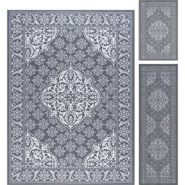 Tayse Rugs Majesty Oriental Charcoal 5 ft. x 7 ft. Indoor 3-Piece Rug Set