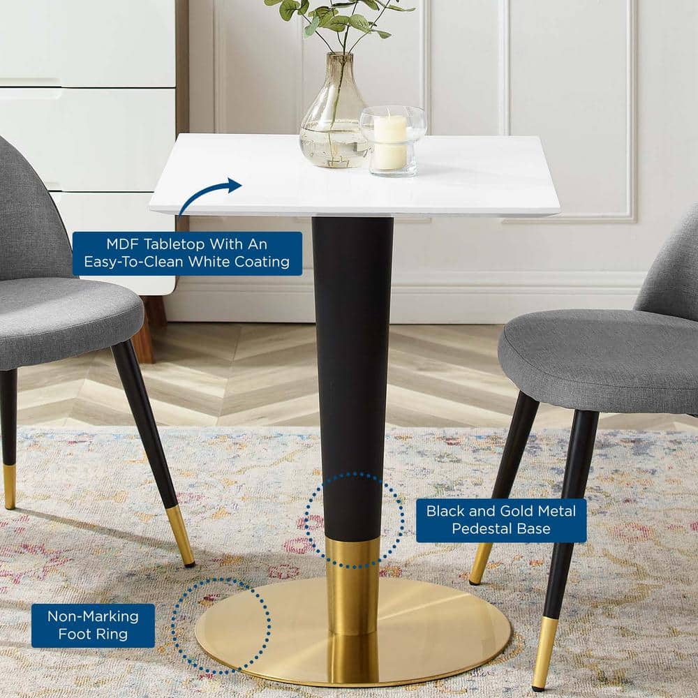 Zinque 24" White MDF Square Dining Table with Black and Gold Pedestal Base