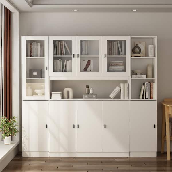 FUFU&GAGA 78.7 in. W x 12.2 in. D x 70.9 in. H 18-Shelf Wood Standard Bookcase Bookshelf With Glass Doors, Adjustable Shelves
