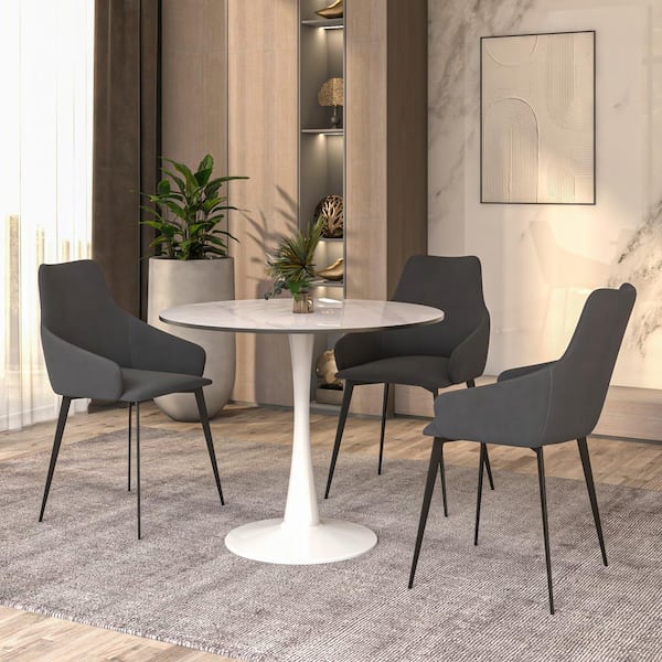 Leisuremod Round White Sintered Stone 31.52 in. Tabletop Stainless Steel Pedestal Base Dining Table Seats 4