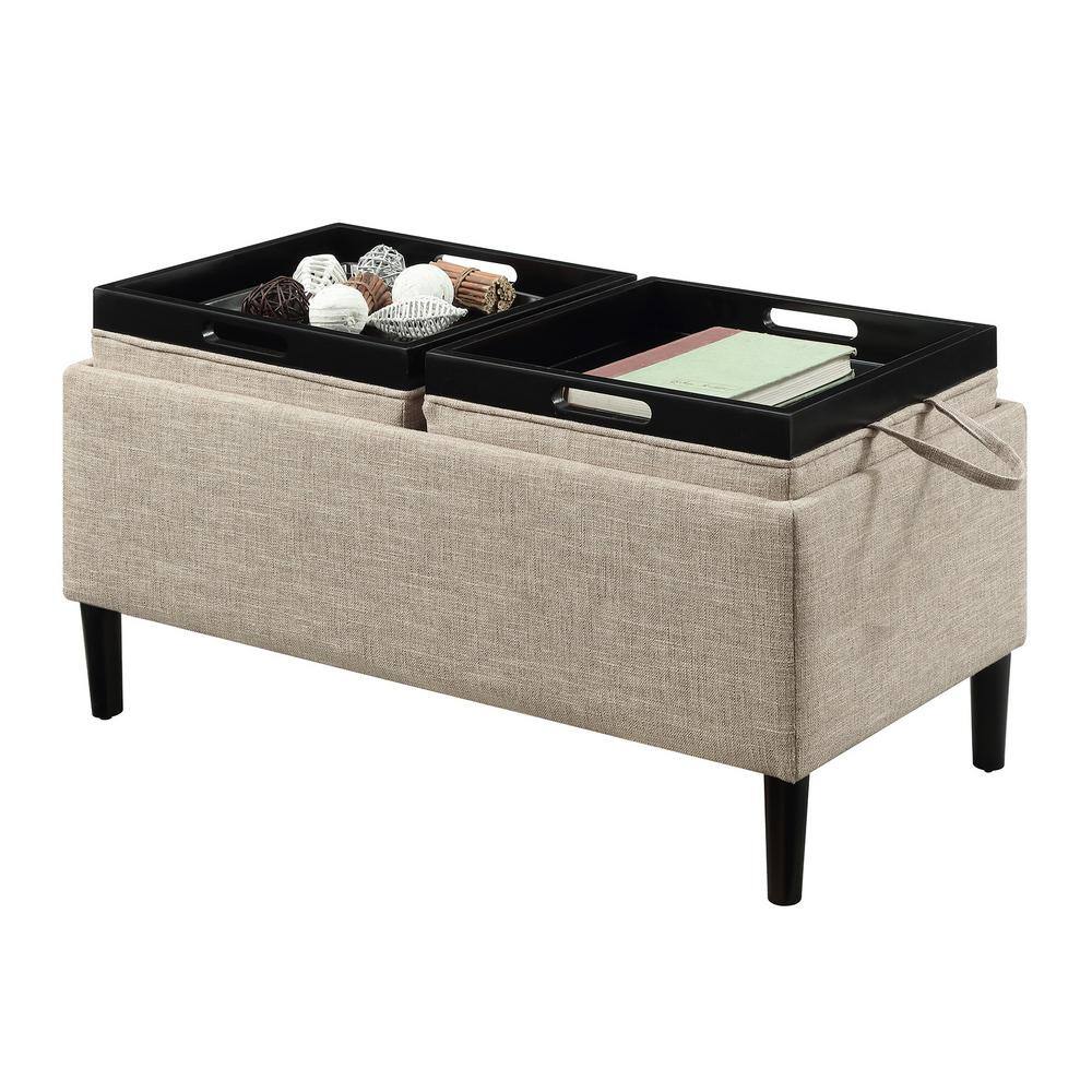 Tan Fabric Storage Ottoman with Reversible Trays